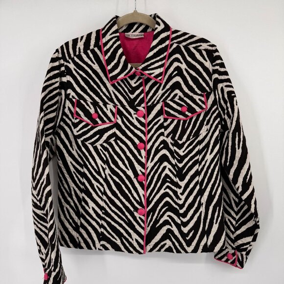 3 Sisisters Zebra Print Jacket  Pink Piping  Buttons Cotton Womens Size Large - Picture 4 of 14